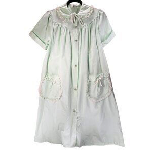 Vtg Lisanne Mint Green Button Down Housecoat Robe Lace Collar Pockets Cotton SS